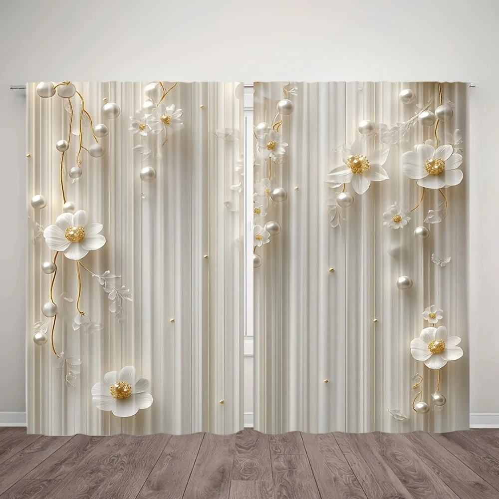 2pcs Elegant Floral and Pearl Curtains – White and Gold Light-Filtering Design for Bedroom Living Room and Office Decor