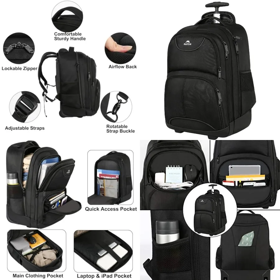 

Rolling Backpack, 17 inch Water Resistant Wheeled Laptop Backpack, Carry on Luggage Business Bag, Overnight College Computer Ba
