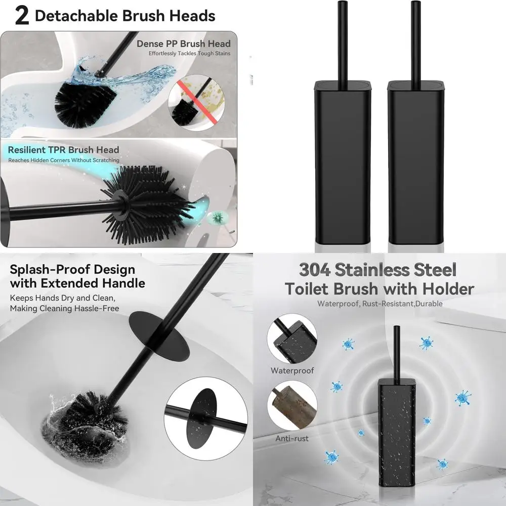 

Dual Toilet Brush Set with Holders for Efficient Bathroom Cleaning, Black Square Design