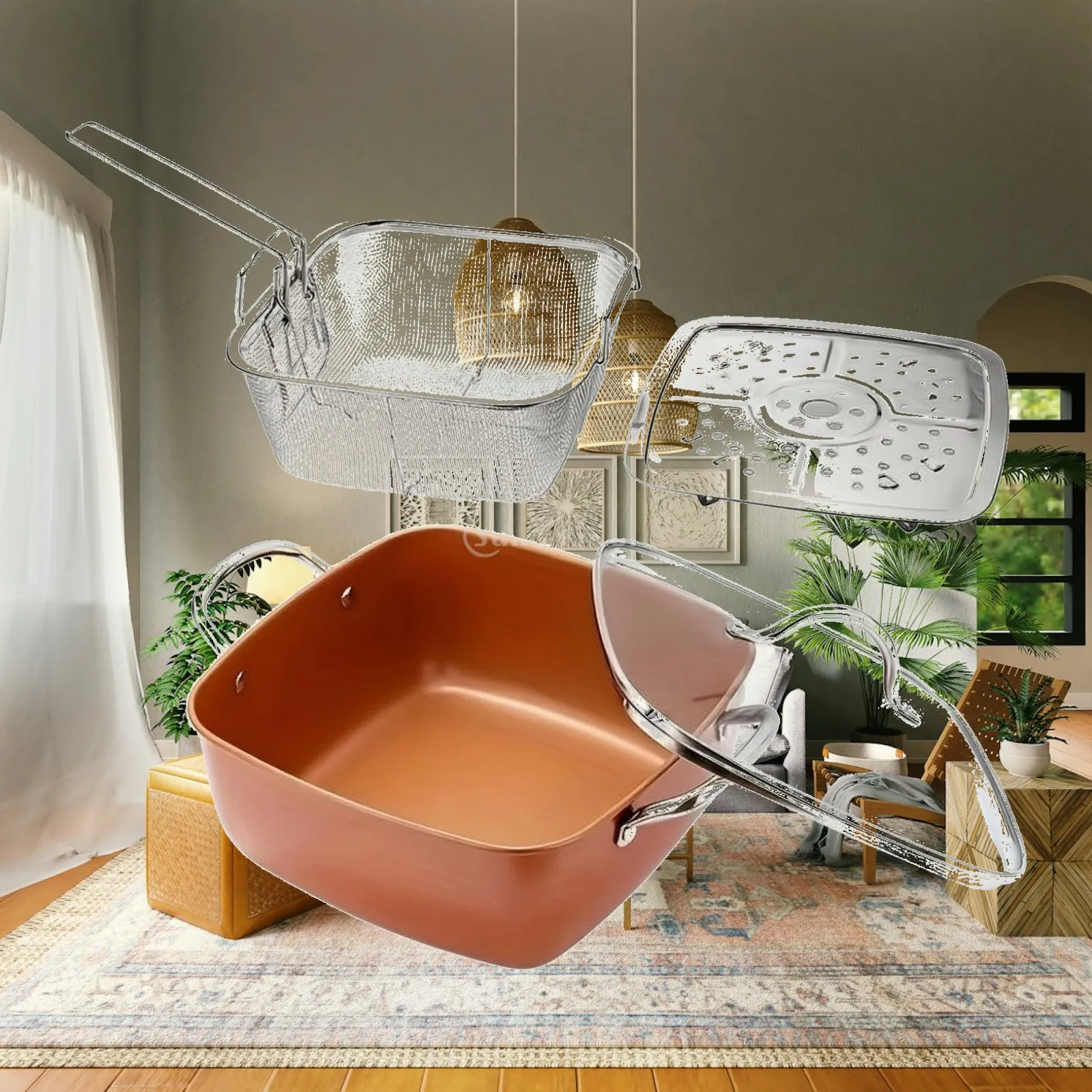 Aluminum Alloy Square Pot Nonstick Frying Pan with Glass Lid and Steaming Rack for Soup Simmering Kitchen Use