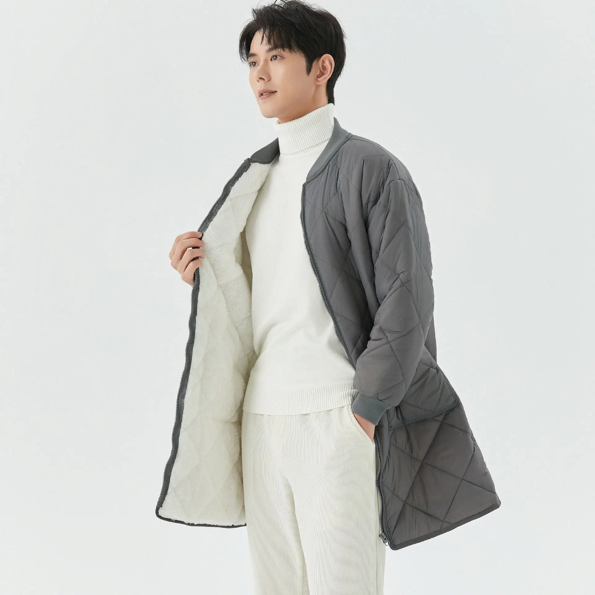 Spring and Autumn Winter Leisure Thickened Extended Coat with Velvet Warm Long Sleeve Threaded Cotton Clothes Men and Students