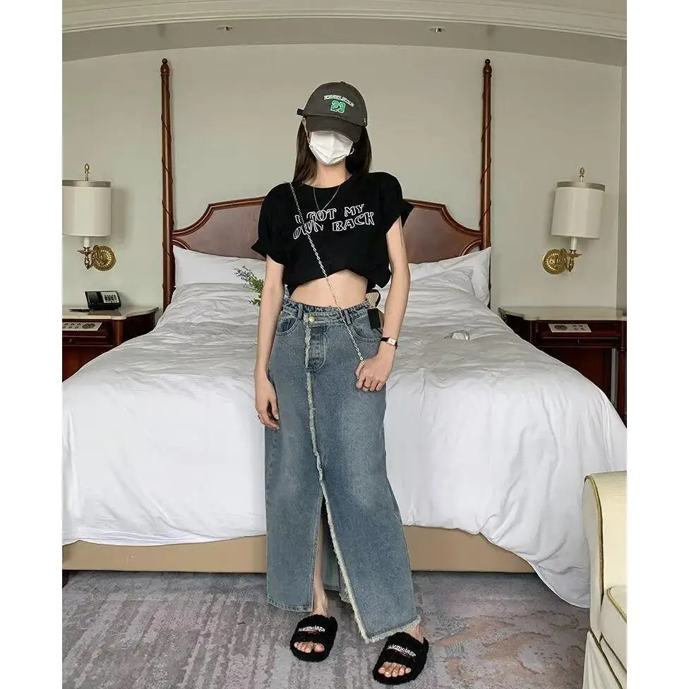 

High Waist A-Line Skirt Women's Summer Denim Split Hip Covering Mid-Length Skirts Casual Style Duck down Filled