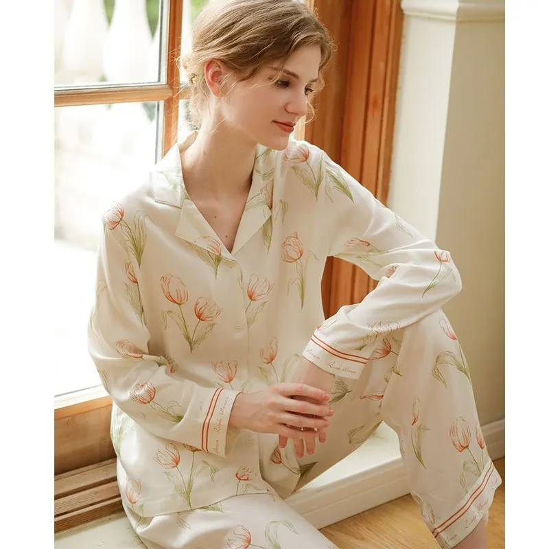 

Autumn 2023 Leisure Satin Long Sleeve Pajama Suit Floral Viscose Pajamas for Women Pijama Sexy Mujer Home Clothes 2 Piece Set