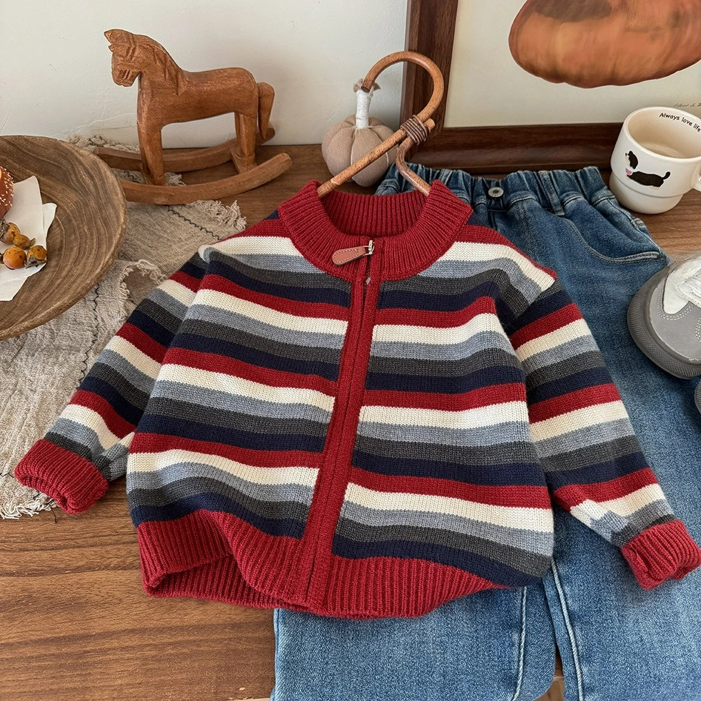 

Children's Warm Sweater 2026 Autumn/Winter New Boys' Korean Edition Color Striped Knitted Cardigan Baby Coat