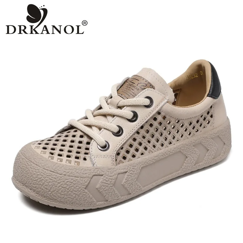 DRKANOL 2024 Fashion Women Flat Platform Shoes Summer Hollow Out Breathable Lace-Up Casual Sneakers Women Versatile Board Shoes