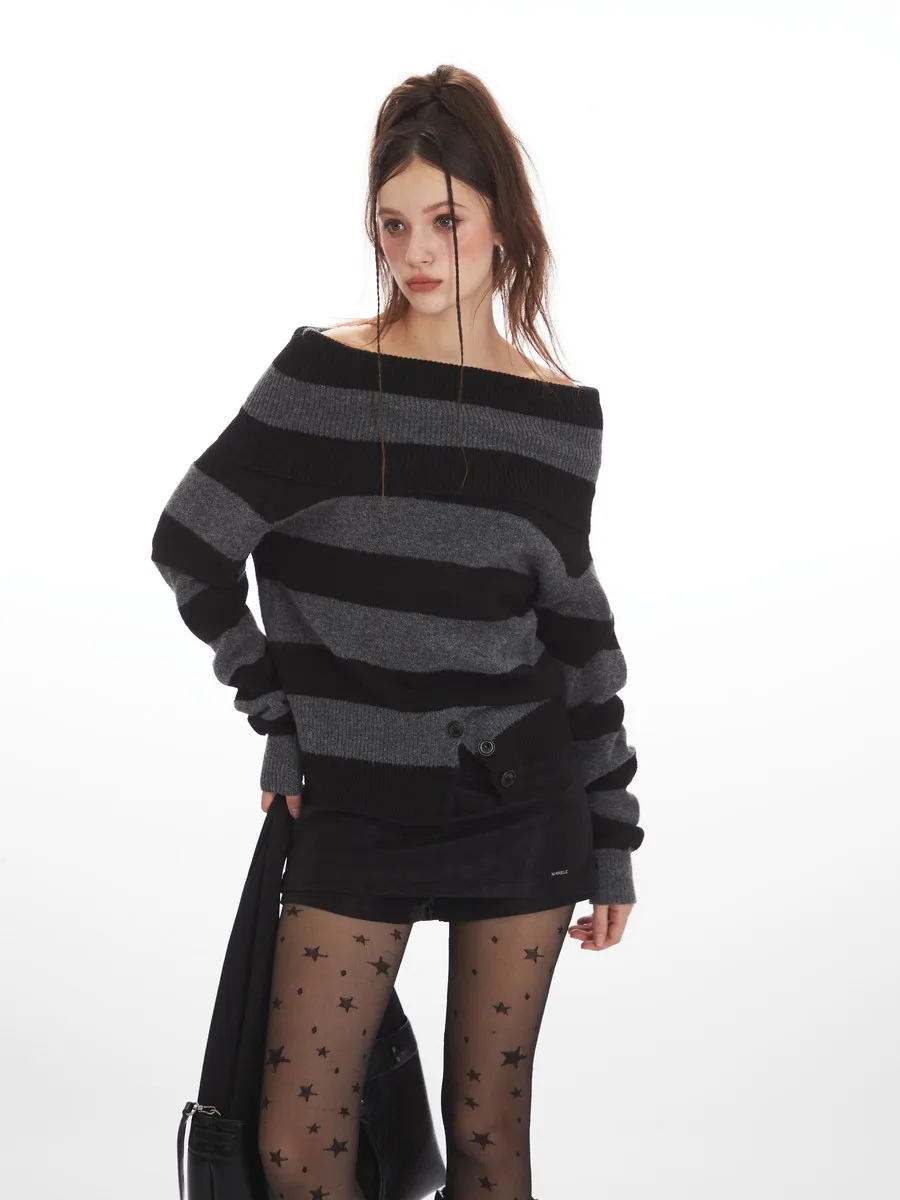 Striped Bare-shoulder Decollete Sweaters Designer Buttons Knitted Winter Clothes Sexy Pullovers Tops for Women Girls Lady