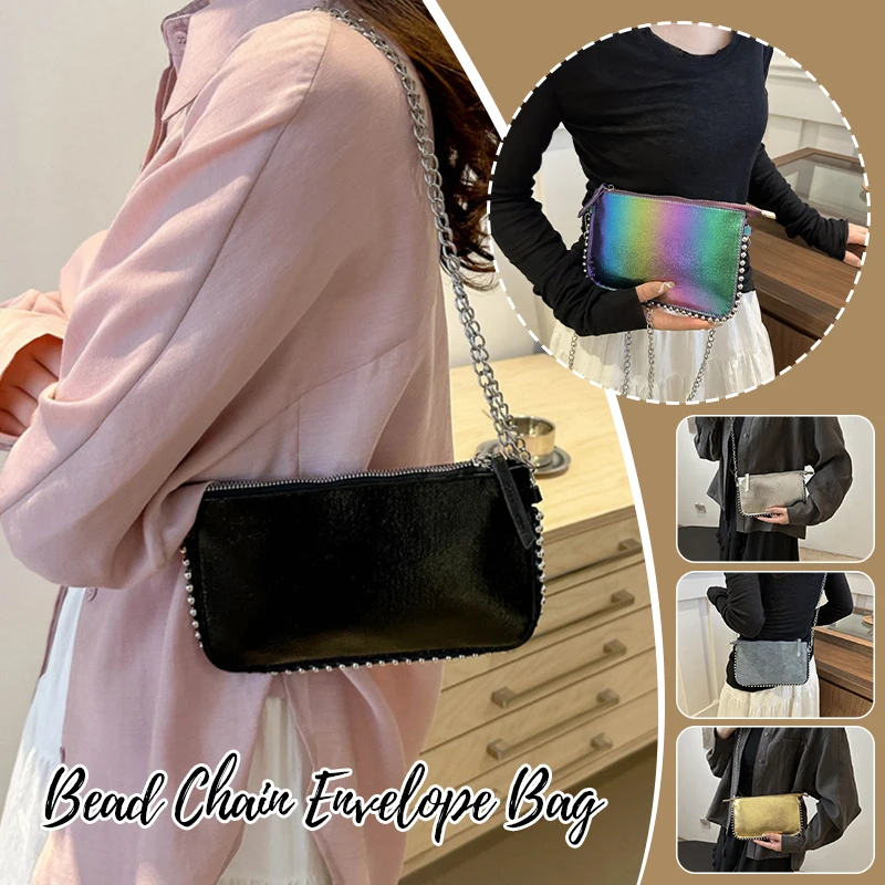 

Women Crossbody Bag Beaded Chain Strap Envelope Bag PU Leather Shoulder Bag for Daily Work Office Elegant Small Purse Handbag