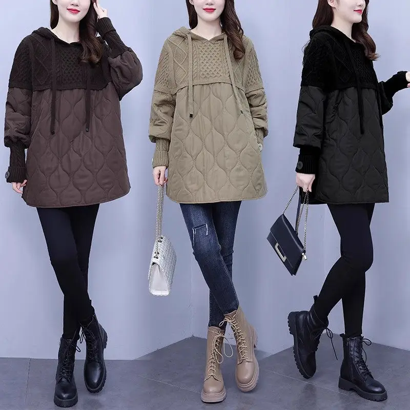 2023 Autumn Winter Women's Large Size Quilted Sweater Jacket Loose Fashion Versatile Knitted Splice Thickened Bottom Shirt z2983