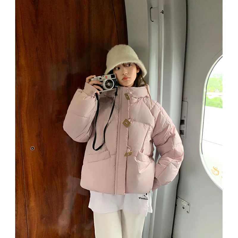 

Thin and Light Down Jacket Women Coat Fashion American Warm Streetwear Hooded Down Feather Female Winter Short Outwear Cotton