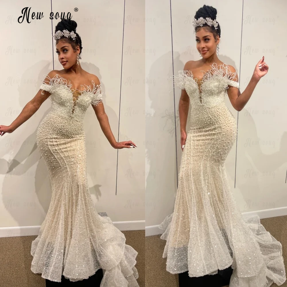 

Gorgeous Pearls Off Shoulder Plunging Neck Wedding Dress Beaded Mermaid Couture Bridal Gowns 2023 Vestido De Casamento Customize