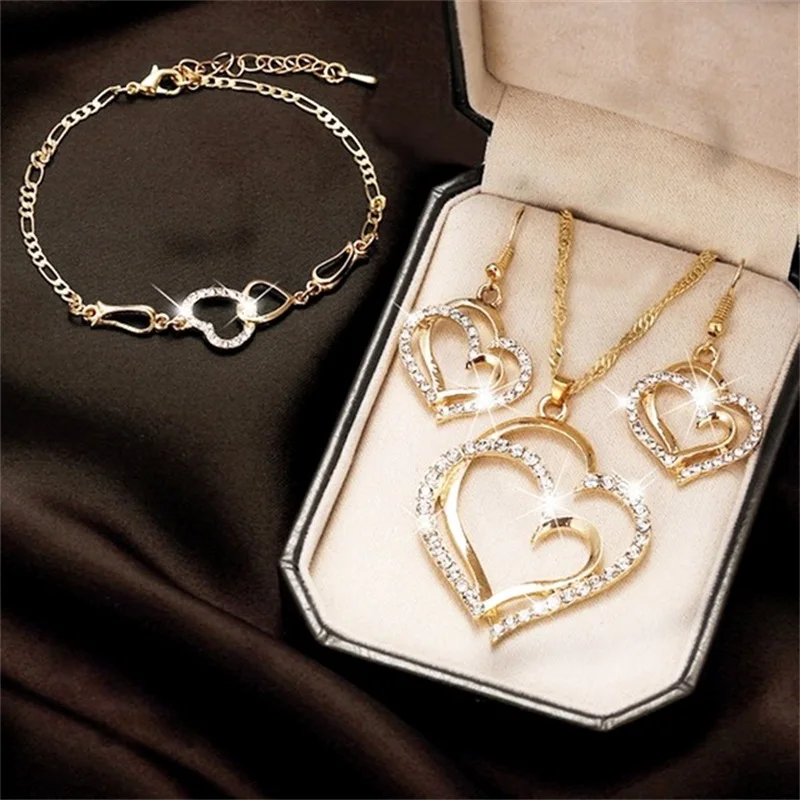 Trendy Double Heart Set of Four Necklace Earrings Bracelet Heart Wedding Party Gathering Versatile Jewelry Gift