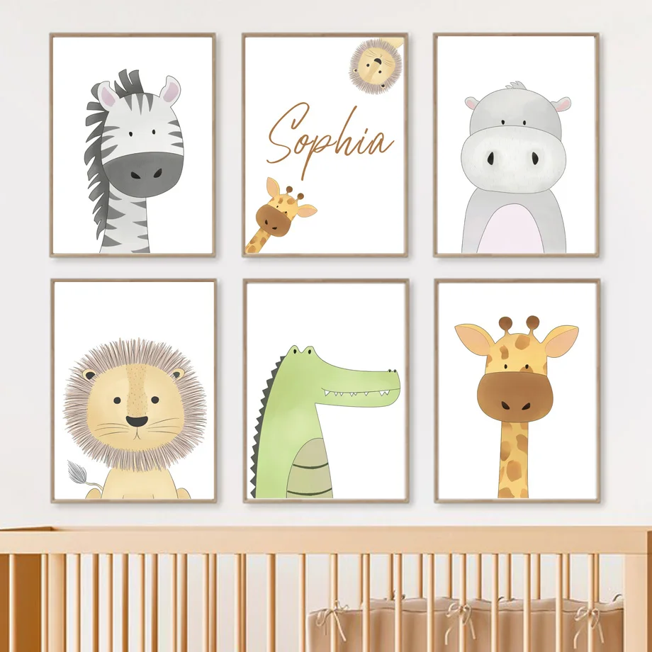 Boho Giraffe Crocodile Lion Zebra Hippo Nursery Wall Art Print Canvas Painting Custom Baby Name Poster Pictures Kids Room Decor