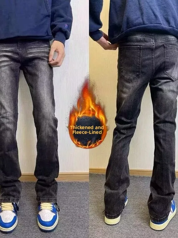 

Мужские джинсы Cleanfit American Sle Slim Fit Thiened Fce Waed Bell Bot High Street Vibe Bla ey, зимние теплые