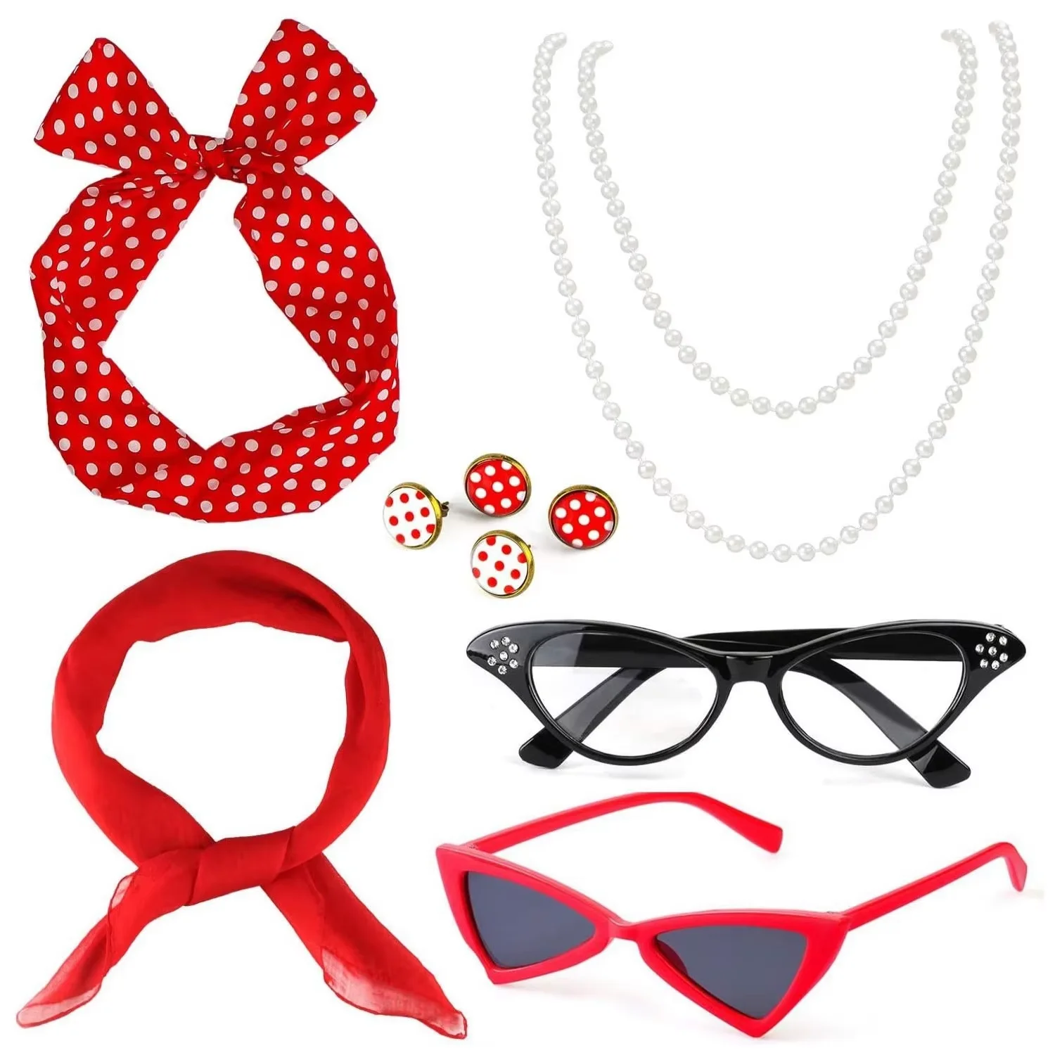 PESENAR accessori per vestire le donne anni '50 occhiali da vestire collana fascia sciarpa di seta orecchini 7 pezzi
