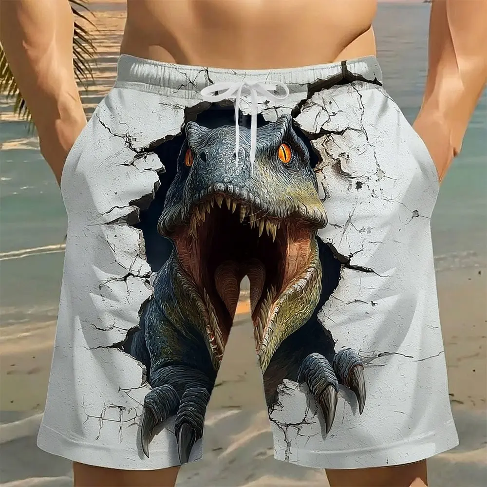 

Men's Funny Roaring Dinosaur Pattern Board Shorts, Drawstring Waist Casual Shorts with Side Pockets,Beach Wear for Spring Summer