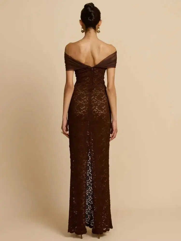 Blifanbo Elegant Off-Shoulder Lace Patchwork Maxi Dress Women Sexy Backless Slim Sleeveless Party Evening Dress Autumn Vestidos