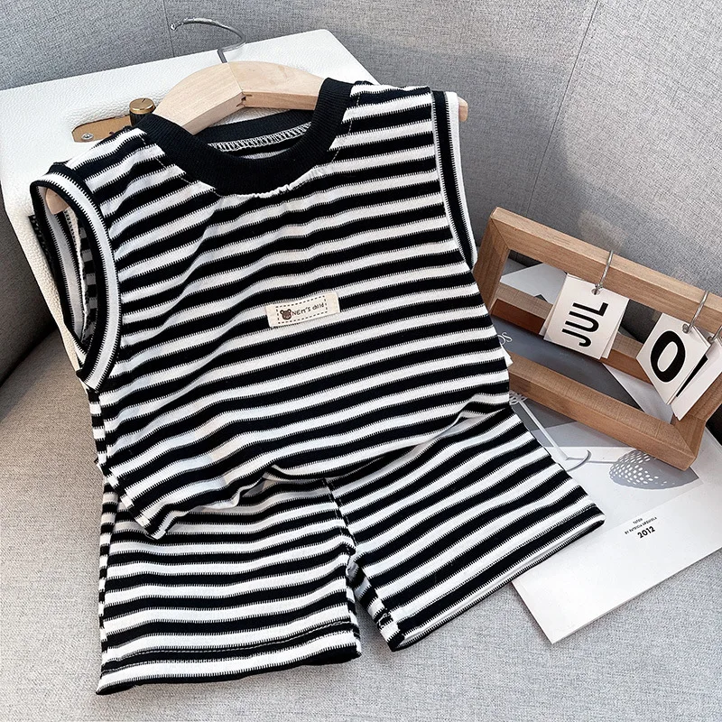 Baby Boys Clothes Cotton Tees + Shorts Suits Summer Toddler Casual Sleeveless Beach Clothing Sets Striped Outfits