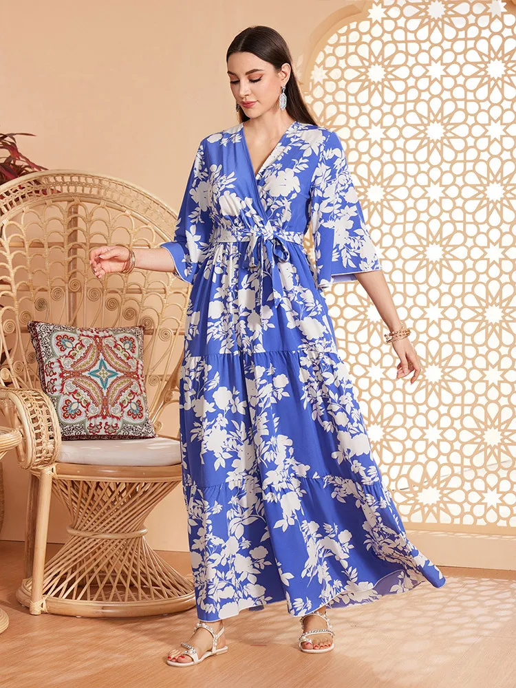 Eid Muslim Women Dress Sashes Jalabiya Flower Print Long Robe Ramadan Morocco Dubai Vestidos Arab Abayas Kaftan Islam Dresses