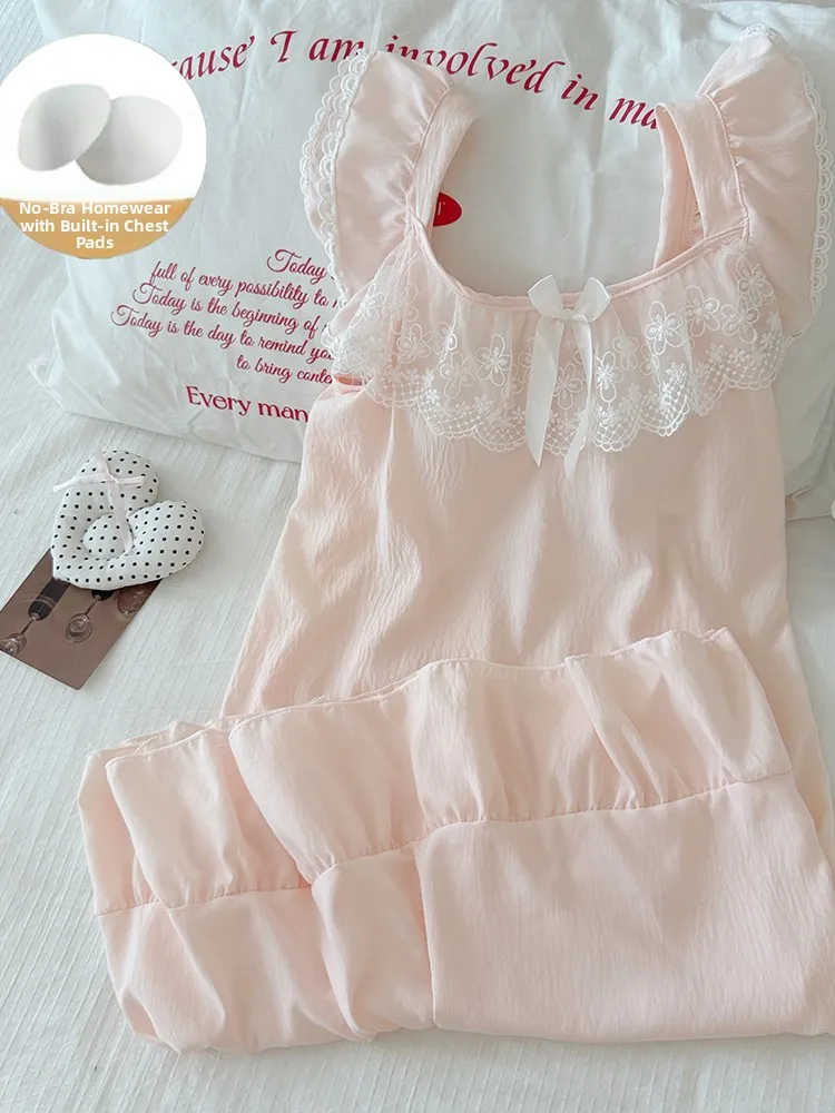 Summer Cloud Cotton Sleeveless Sleep Dress with Chest Pad Princess Style Sweet  Fairy Lace Home Clothes for Young Women