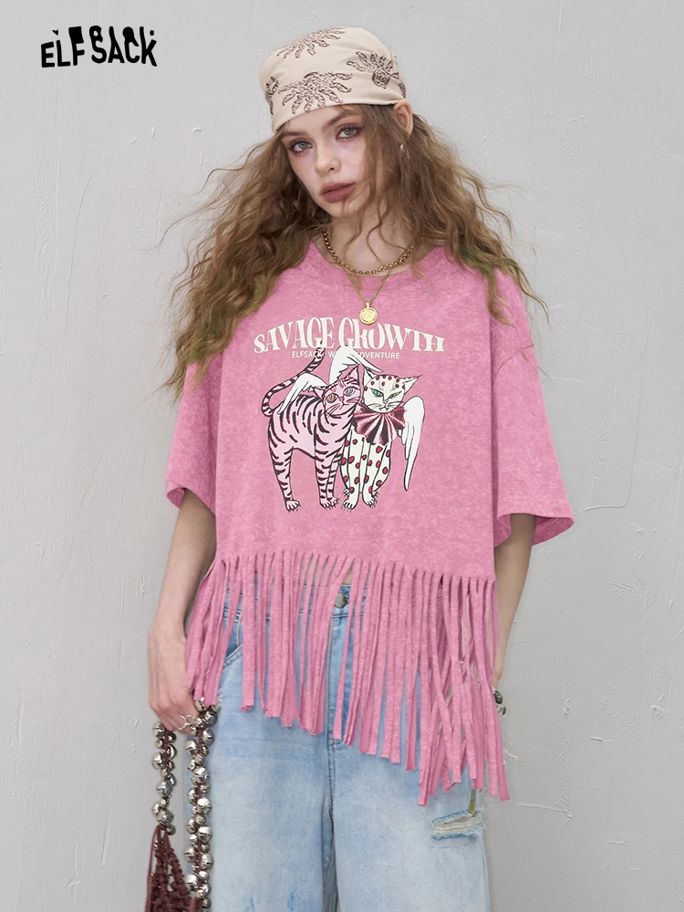 

Летняя повседневная хлопковая футболка с круглым вырезом и коротким рукавом, женская свободная укороченная футболка с принтом ангела и бахромой, топ Elf Sa