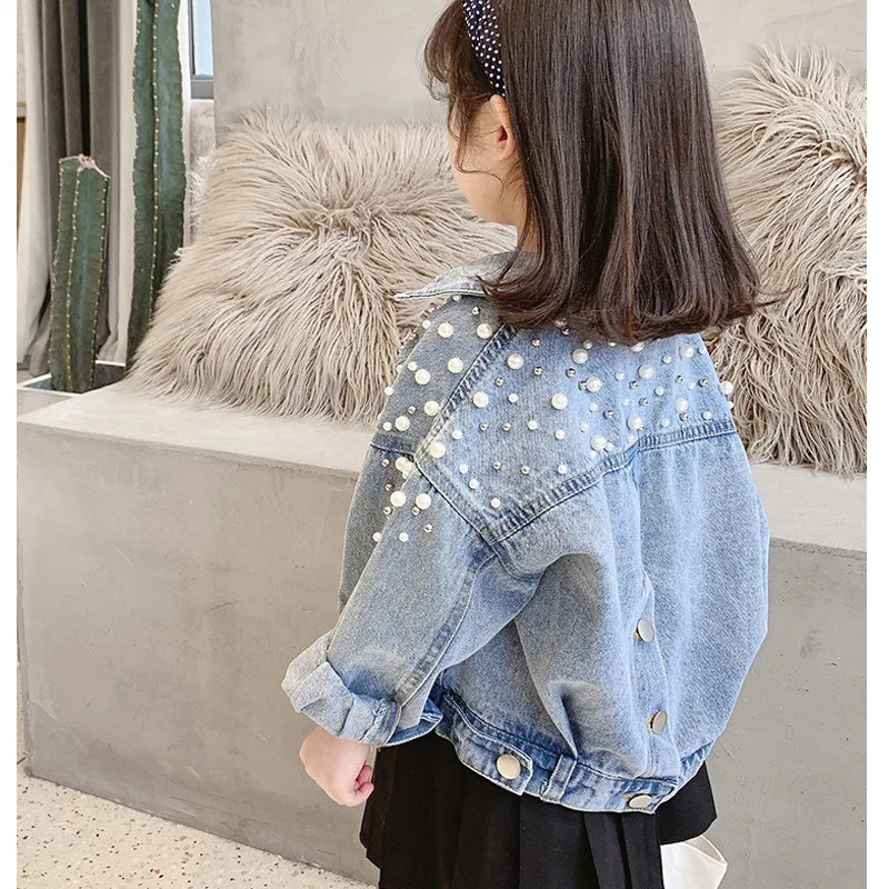 3-10 year old girl denim jacket 2024 new children\'s pearl long sleeved denim jacket baby Korean version personalized fashioncoat