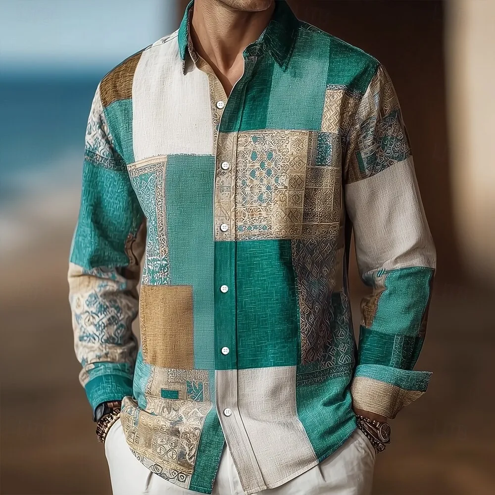 Men's Patchwork Color Block, Geometric Pattern Shirt, Long-Sleeved Retro Casual Daily Spring and Autumn Shirt, Linen Shirt
