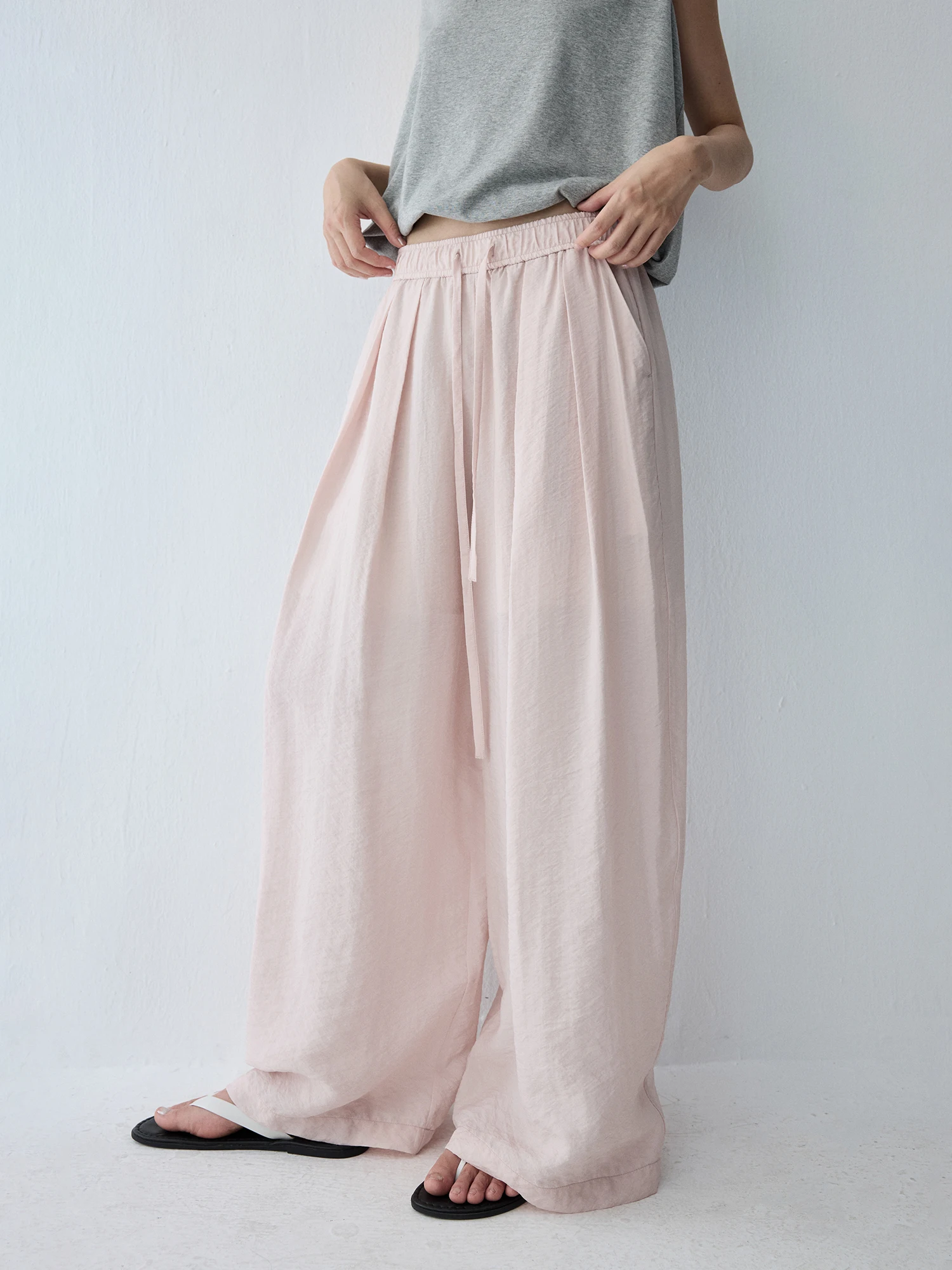 

HaveRice Casual Wide Leg Pants Pink Airy Texture Slight Wrinkle Leisure Trousers for Women Summer Season Natural Waist