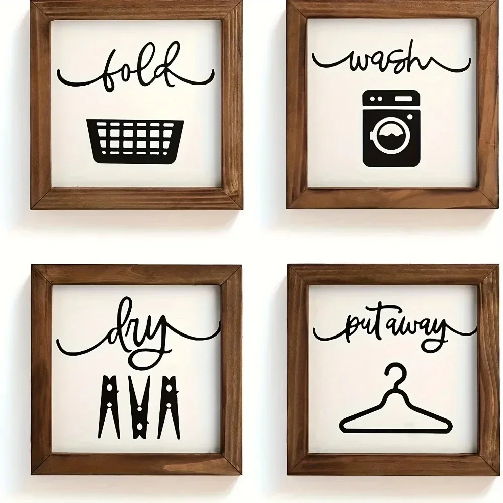 4-Piece Rustic Wood Signs for Laundry Room - Charming Farmhouse Decor with Wall Hanging Design - Cozy Home Accent