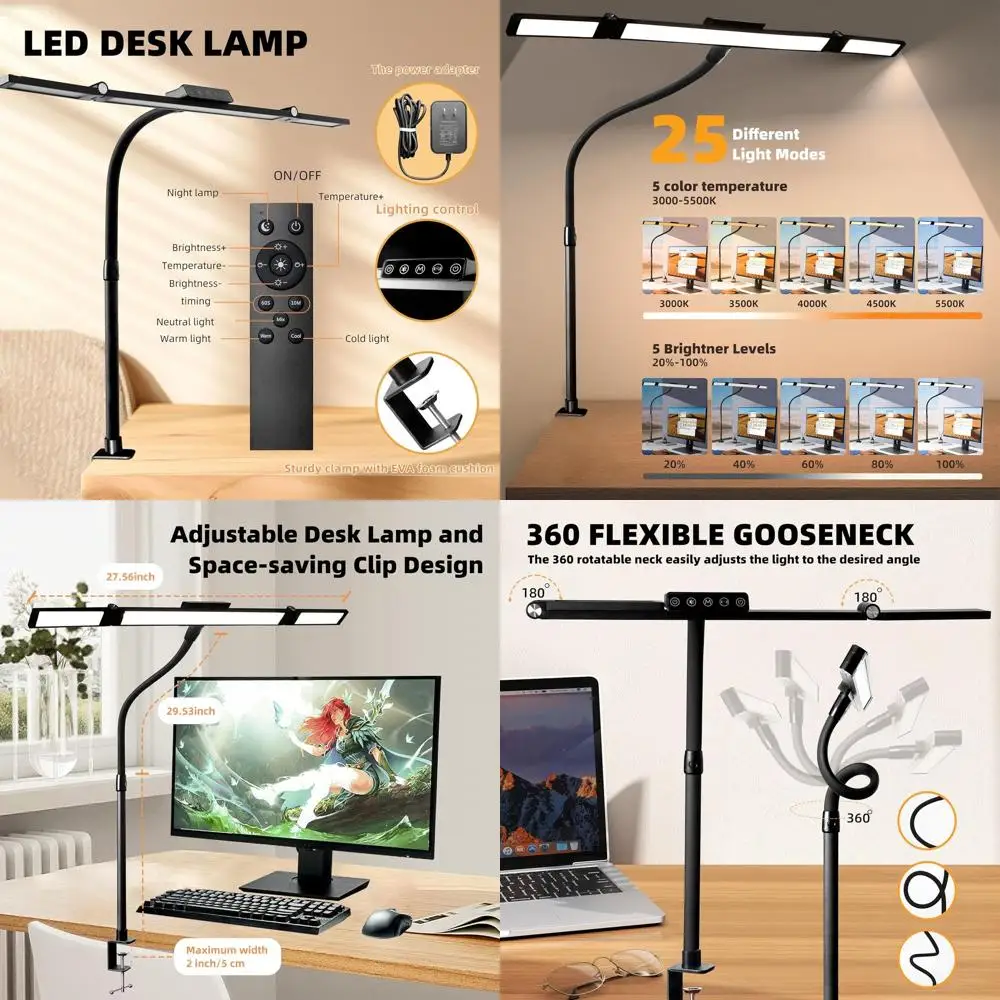 

Clamp-On Desk Lamp with Human Sensor, Gooseneck, Eye-Care Lighting, 24W Adjustable Brightness, Tempered Glass for Home and Offic