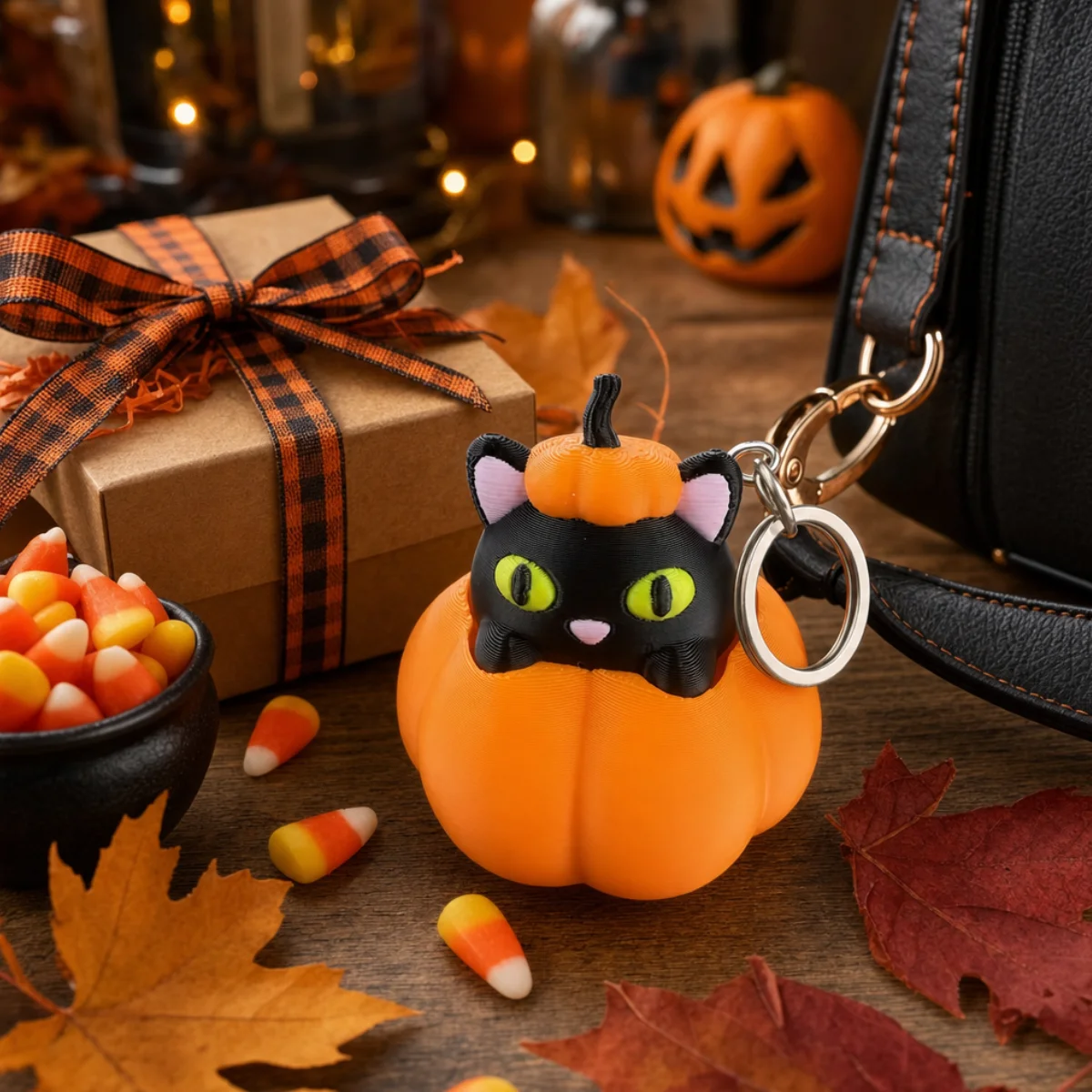 1Pc Lovely Halloween Pumpkin Black Cat Clicker Keychain,Durable Eco PLA 3D Print Decor Portable Stress Squeeze Toy Bag Pendant - view 5