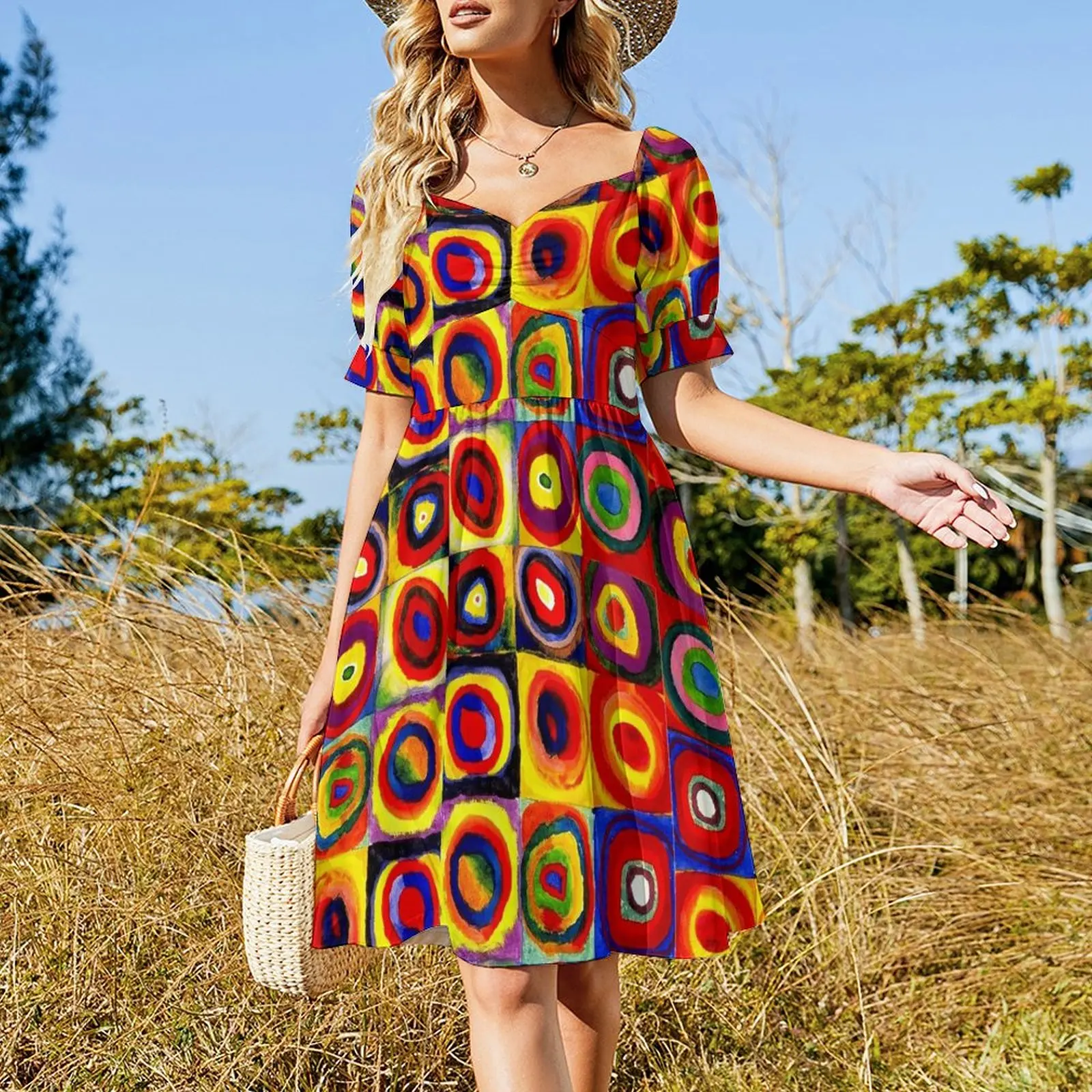 Kandinsky Modern Squares Circles Colorful Short Sleeved Dress summer women's suit Women's summer long dress Dress