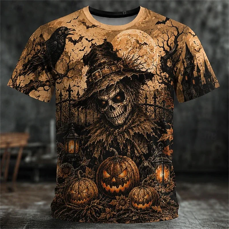 2026 Men's Halloween 3D T‑Shirt Grim Reaper Skull Pumpkin Castle Bat Full Print Crew Neck Short Sleeve Horror Party Tee Tops