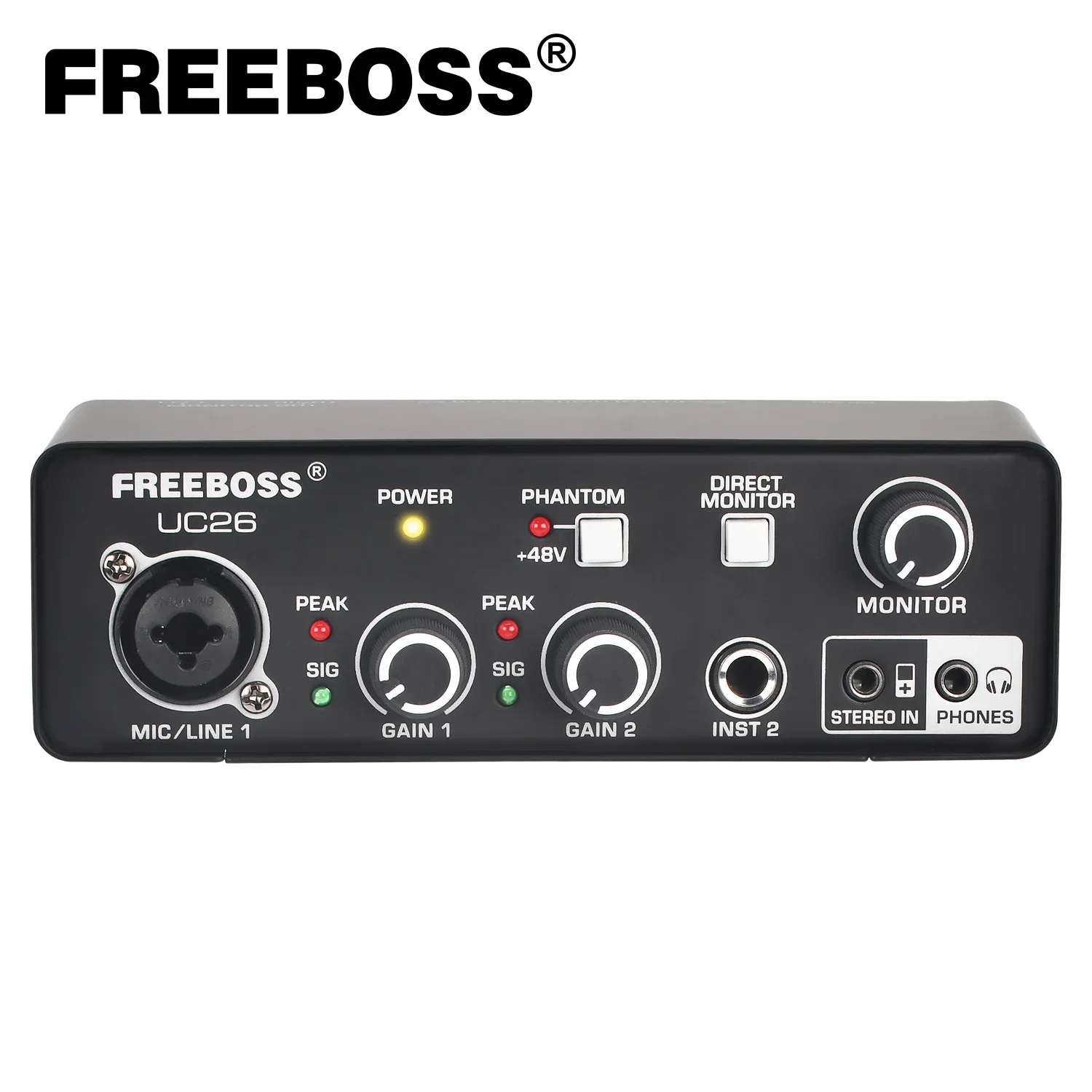 

FREEBOSS Внешняя звуковая карта без драйверов для ПК, 24 бит, 48 кГц, монитор DIR, записывающий аудиоинтерфейс ASIO4ALL Mac OS UC26 для гитары