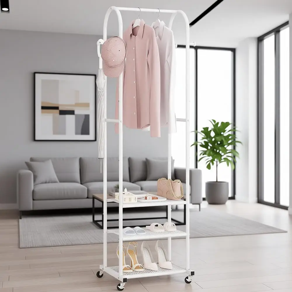 

Портативная металлическая вешалка-стойка на колесиках с полками для хранения одежды и обуви для небольших помещений, белая