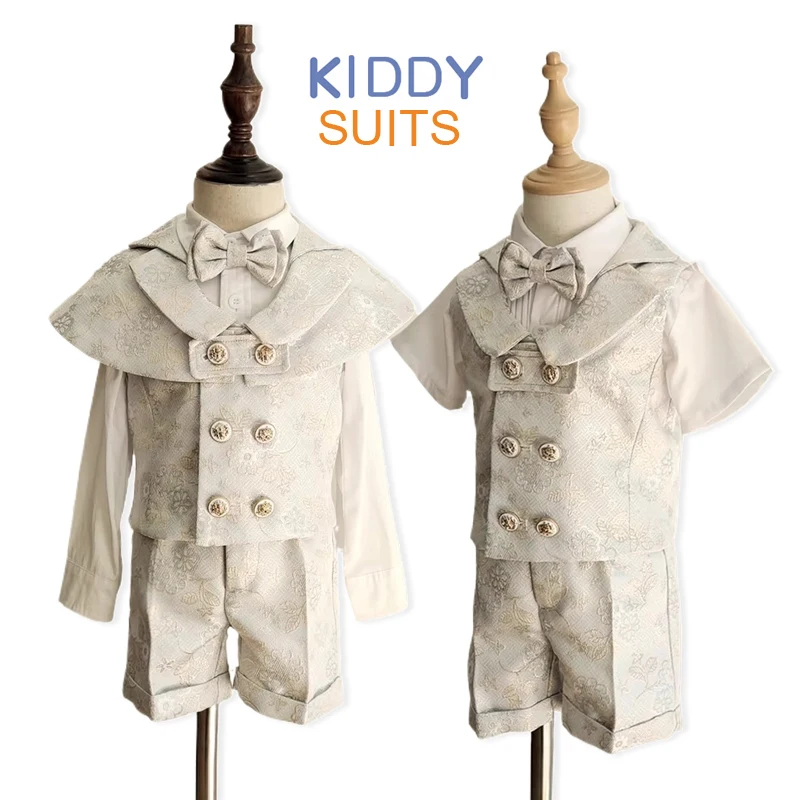 

Boys Suit Set Embroidery 4 Pcs Set Kids Boutique Outfit Toddler Boys Clothing Set for Baby Jacquard Cape Suits Children Dress
