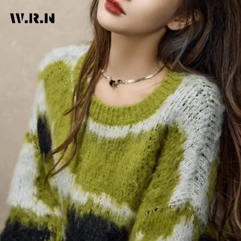 Korean Fashion Casual Y2K Knitting Long Sleeve Patchwork Pullovers 2025 Winter Women Chic Loose Fit Grunge Warm Sweater Top