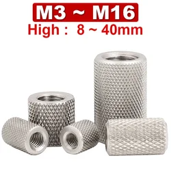 1~5Pcs Cylindrical knurled hand screw nut mesh nut flat head adjustment nut 304 stainless steel lengthened M3 M4 M5M6M8M10M12M16