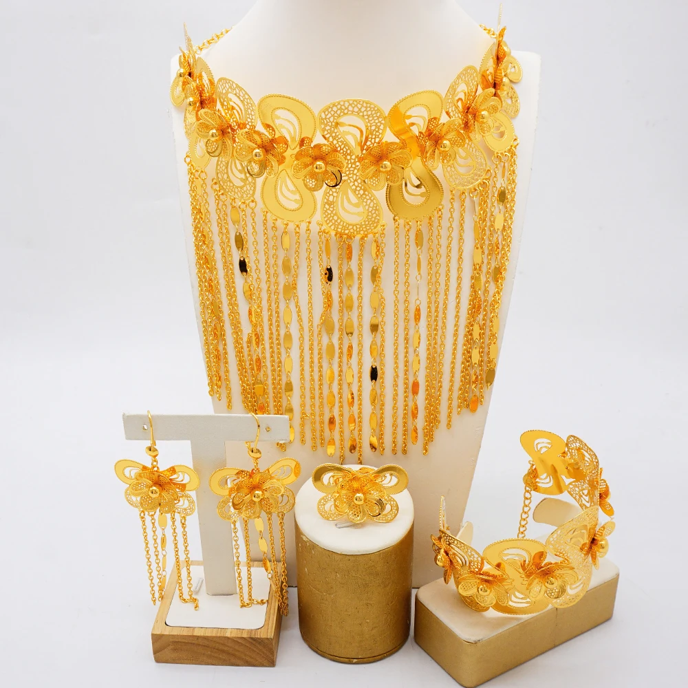 Luxurious jewelry long wide body jewelry set 24k gold-plated women\'s banquet wedding necklace set