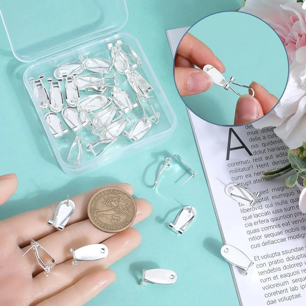 1 Box 30Pcs Earring Post Clips fingernail Earring Posts French Brass Silver Stud Earring Blank with Flat Pad Posts making kit