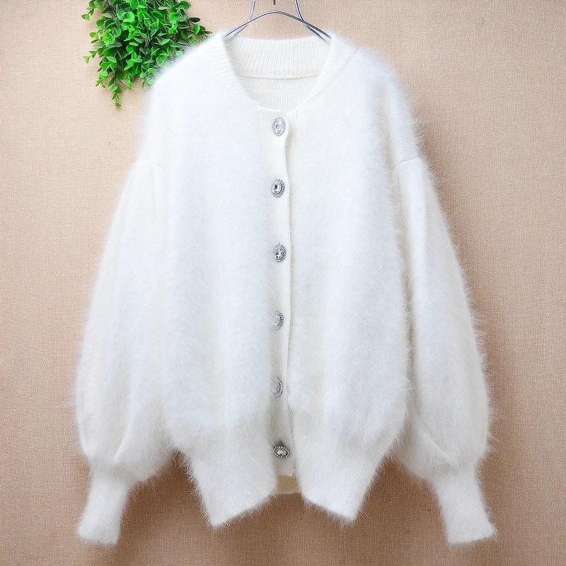 

Top Quality Ladies Women Fall Winter White Mink Cashmere Knitted Diamond Long Lantern Sleeves Loose Cardigans Sweater Jacket Top