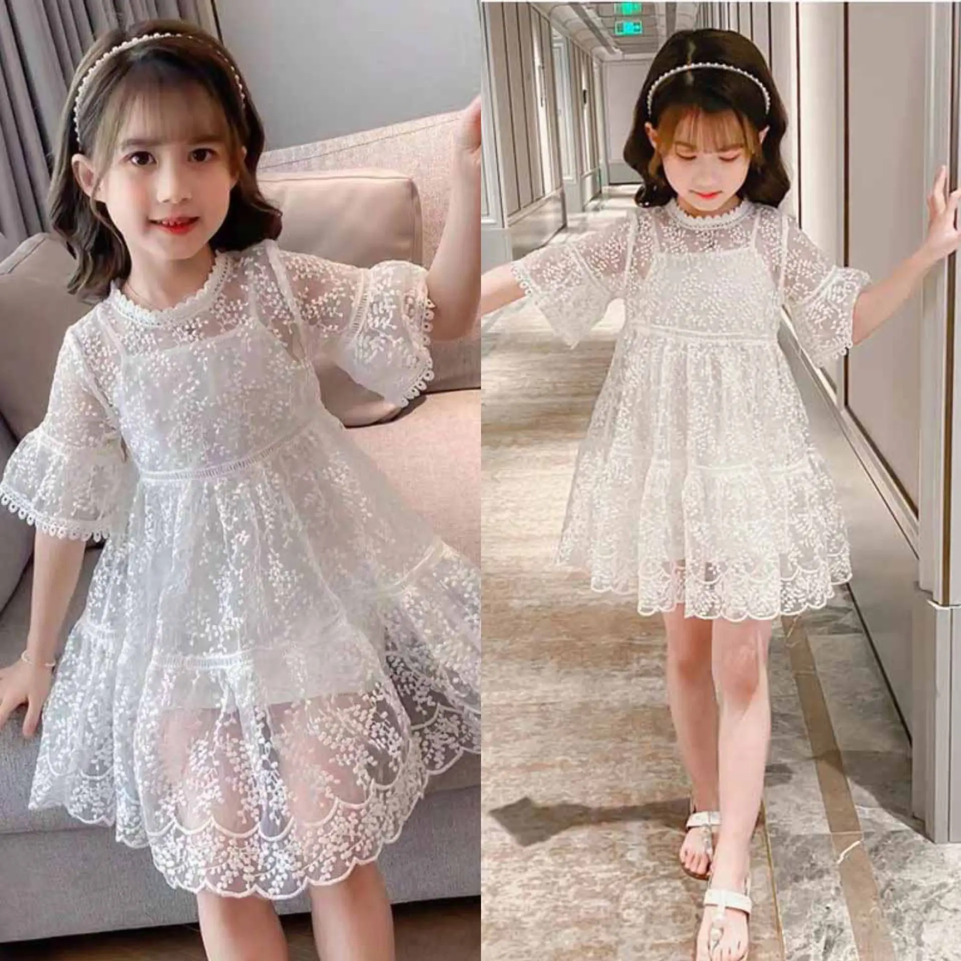 Girls' Dress Summer New Flare Sleeves Hollow Mesh Dress+Inner Sling Suspender bottomed shirt 2PCS Princess Children's Dress Set