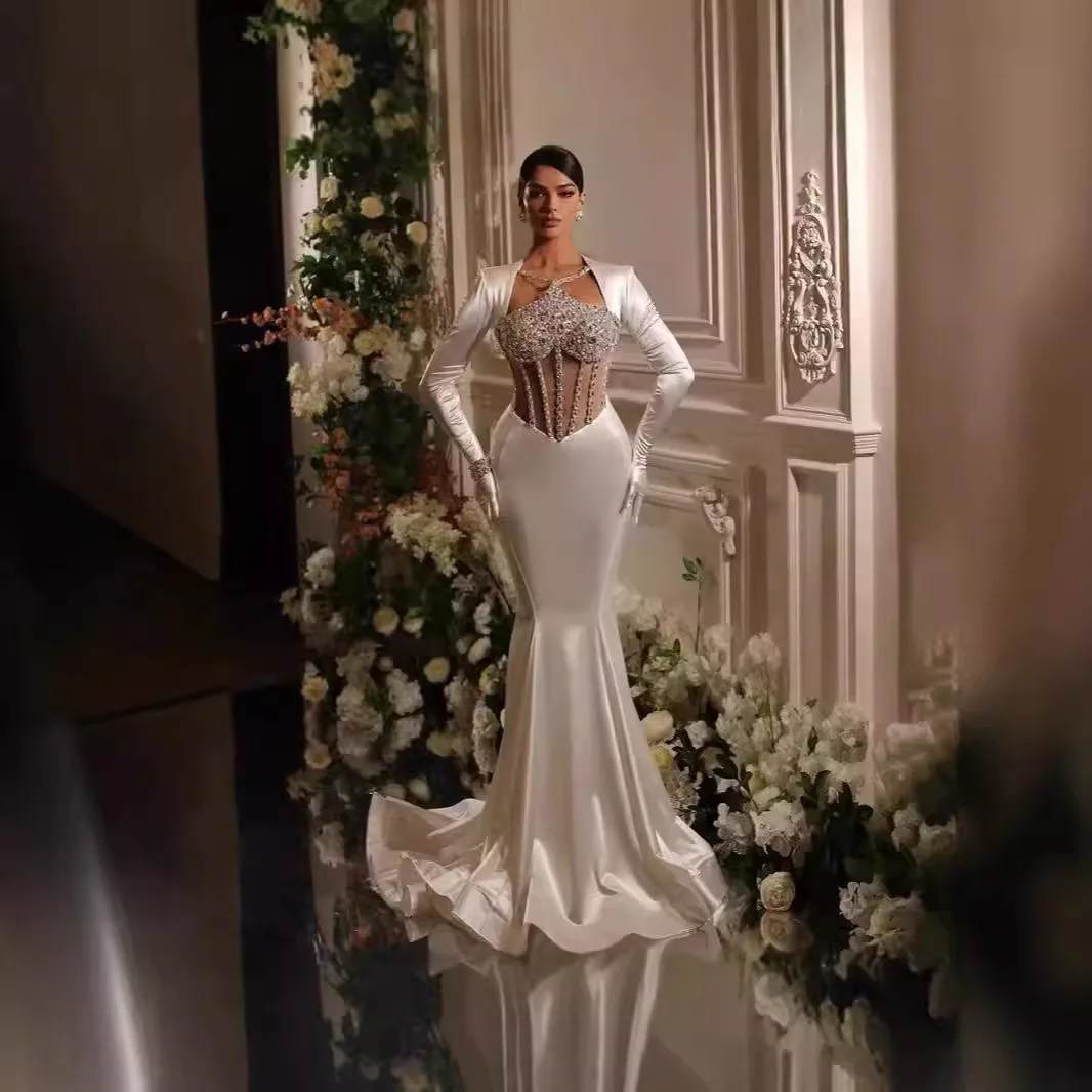 

Women's Dress White Long Sleeve Front Hollow Elegant Beaded High-end Slim Fit Mermaid Long Dress Evening Gown Elegant Partydress