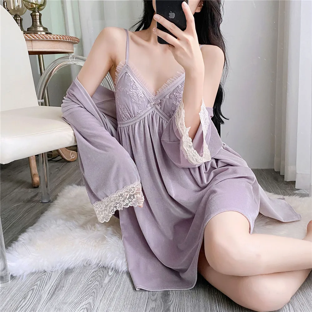 

Gold Velvet Women Twinset Robe Set Sexy Lace Trim Nightgown Sleepwear Autumn Winter Velour Home Dressing Gown Loose Lounge Wear