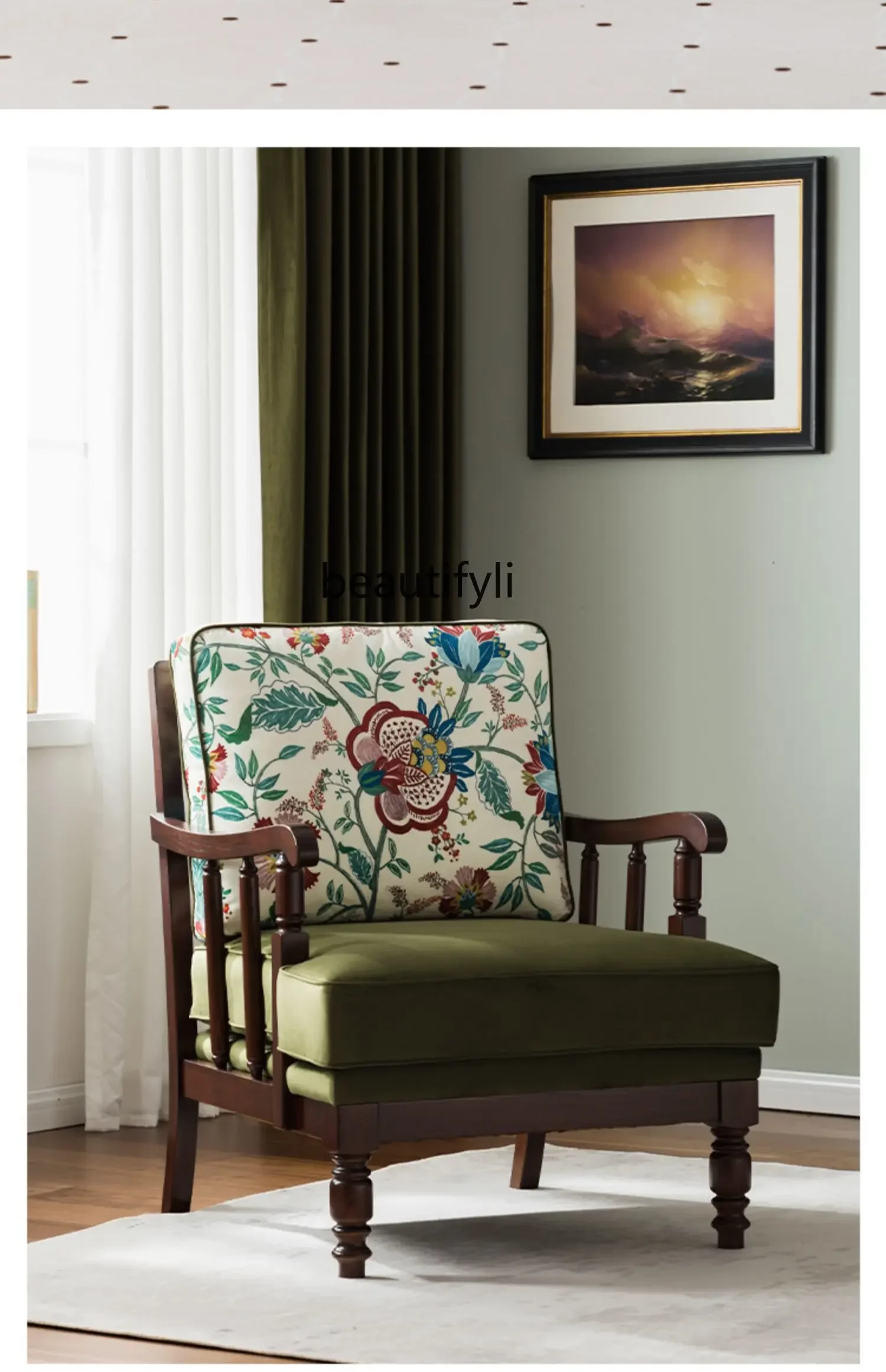 

American Single Sofa Solid Wood Sofa Chair French Retro Green Wingback Chair Flannel Fabric