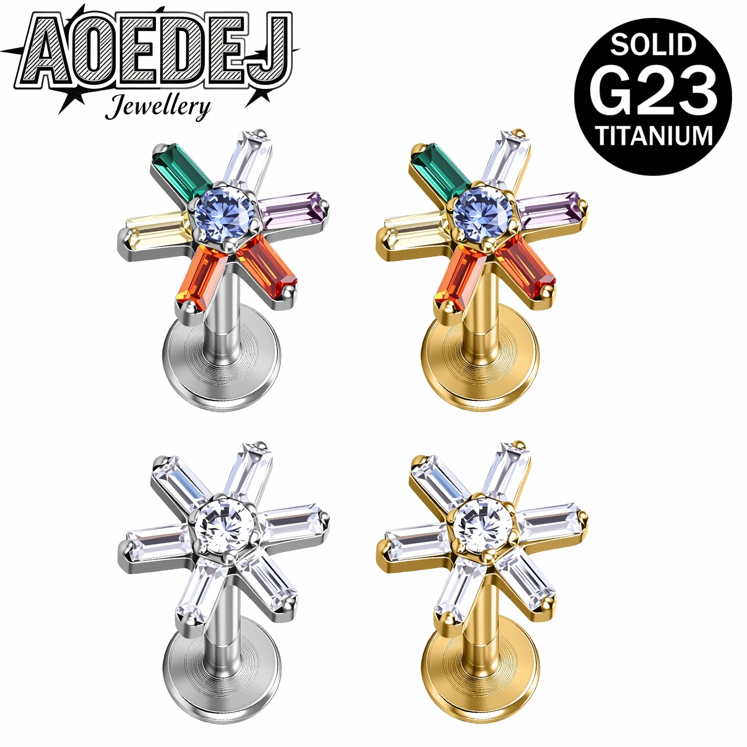 

AOEDEJ 16G 1-4pcs/lot ASTM F136 Titanium Stud Earring Zircon Labret Lip Studs Flower Ear Helix Conch Lobe Piercing Jewelry 6/8MM