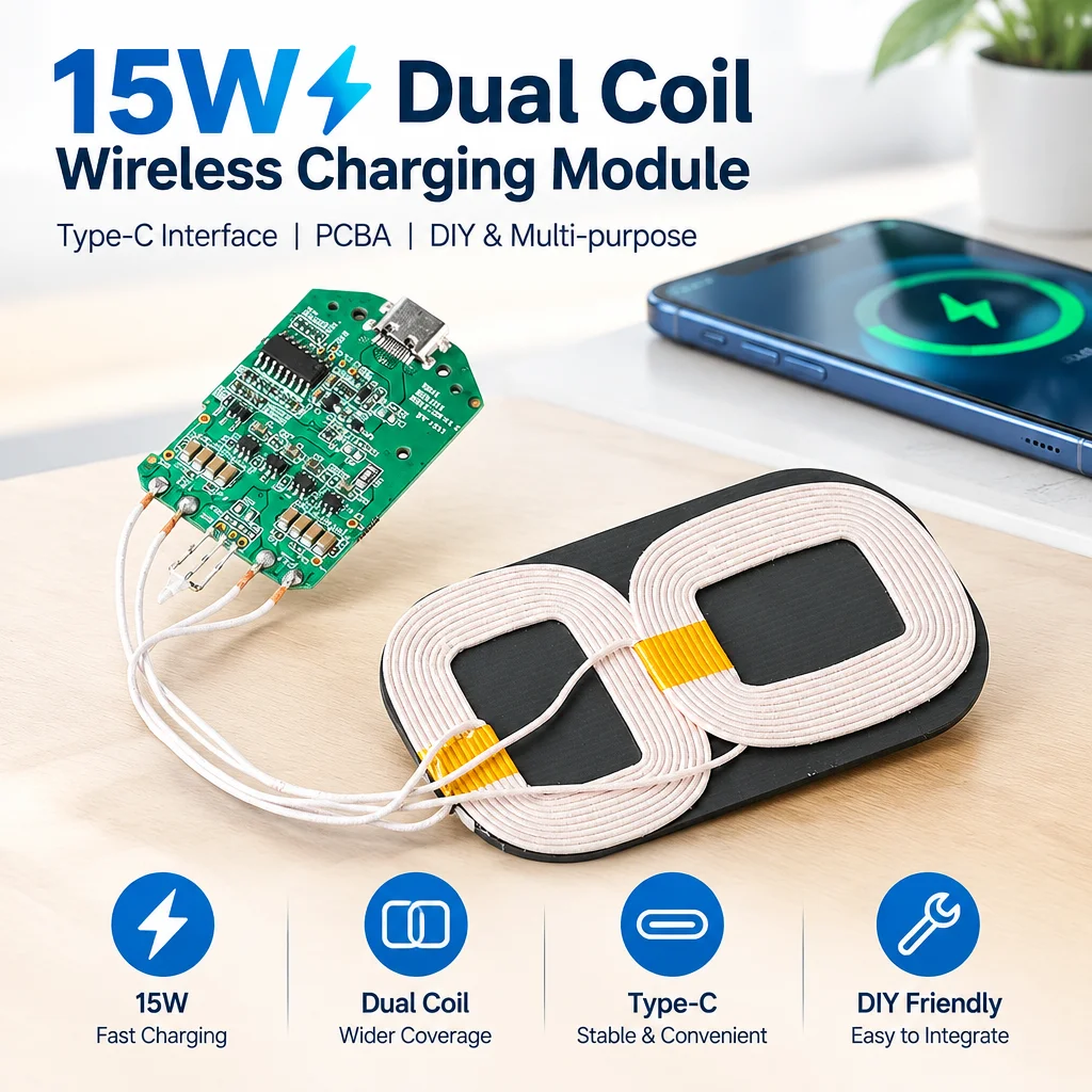15W Fast Wireless Charging PCBA Dual Coil 75%-85% Efficiency 8mm Induction Distance DIY Car Home Charging Module Type-C