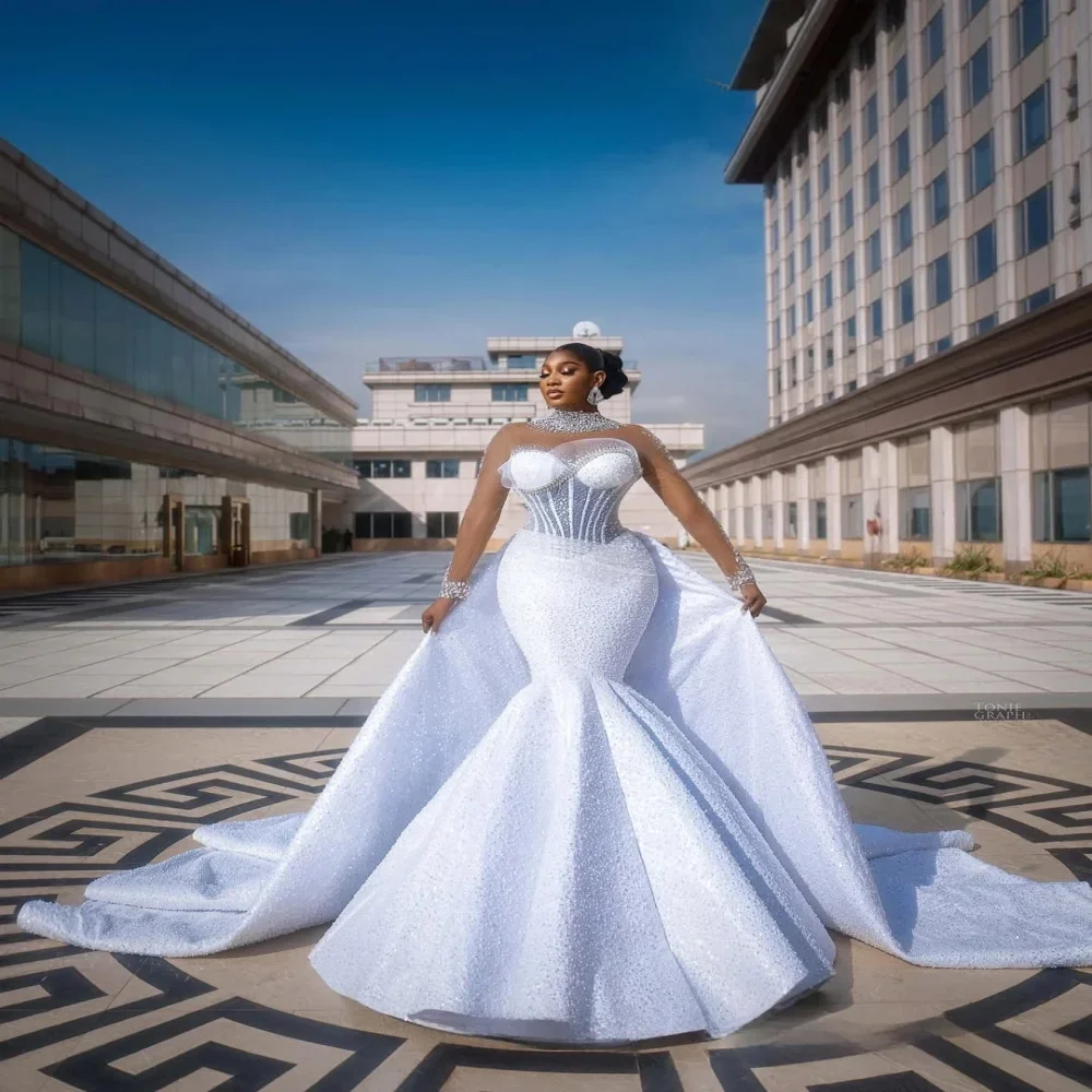 Customized Illusion High Collar Shinny Crystals Bead Mermaid Wedding Dress with Removable Skirt Long Sleeve Luxury   Bridal Gown