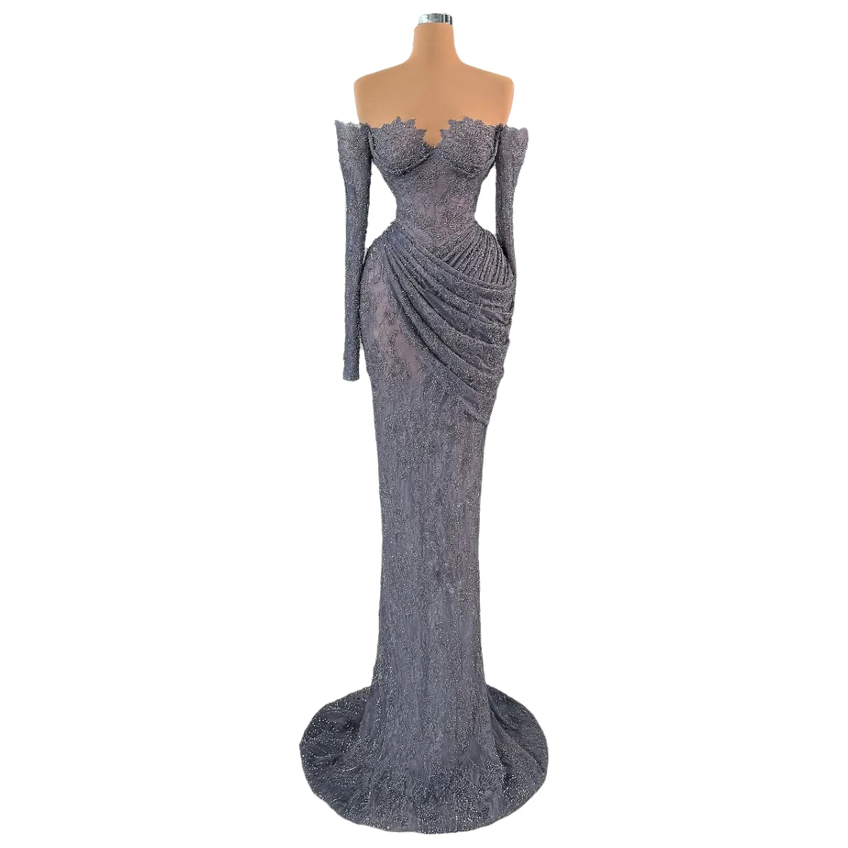 

Strapless Evening Gown Ruching Off-The-Shoulder Sleeves Long Ball Mermaid Gown Gray Lace Dress Customizable