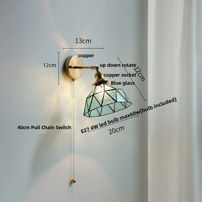 IWHD Tiffany Blue Glass LED Wall Lamp Sconce Living Dining Room Bar Rotate Copper Pull Chain Switch Stair Light Fixtures Lampara