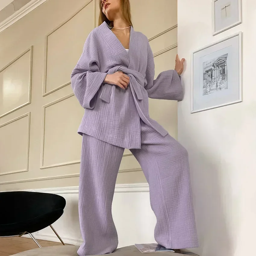 Kimono Pajamas 2023 New 100% Cotton Crepe Long-Sleeved Trousers Ladies Sleepwear Suit Women\'s Home Service Mujer